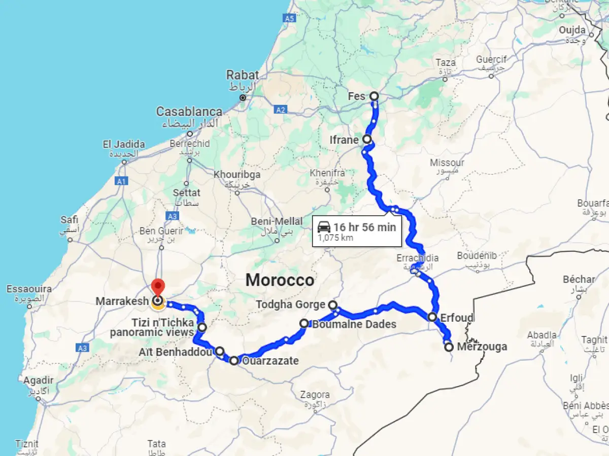 5-Day Fes to Marrakech Desert Tour Route Map