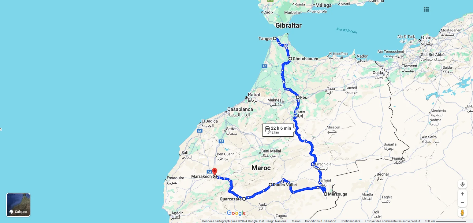 Map of 6 days tour from Tangier to Marrakech