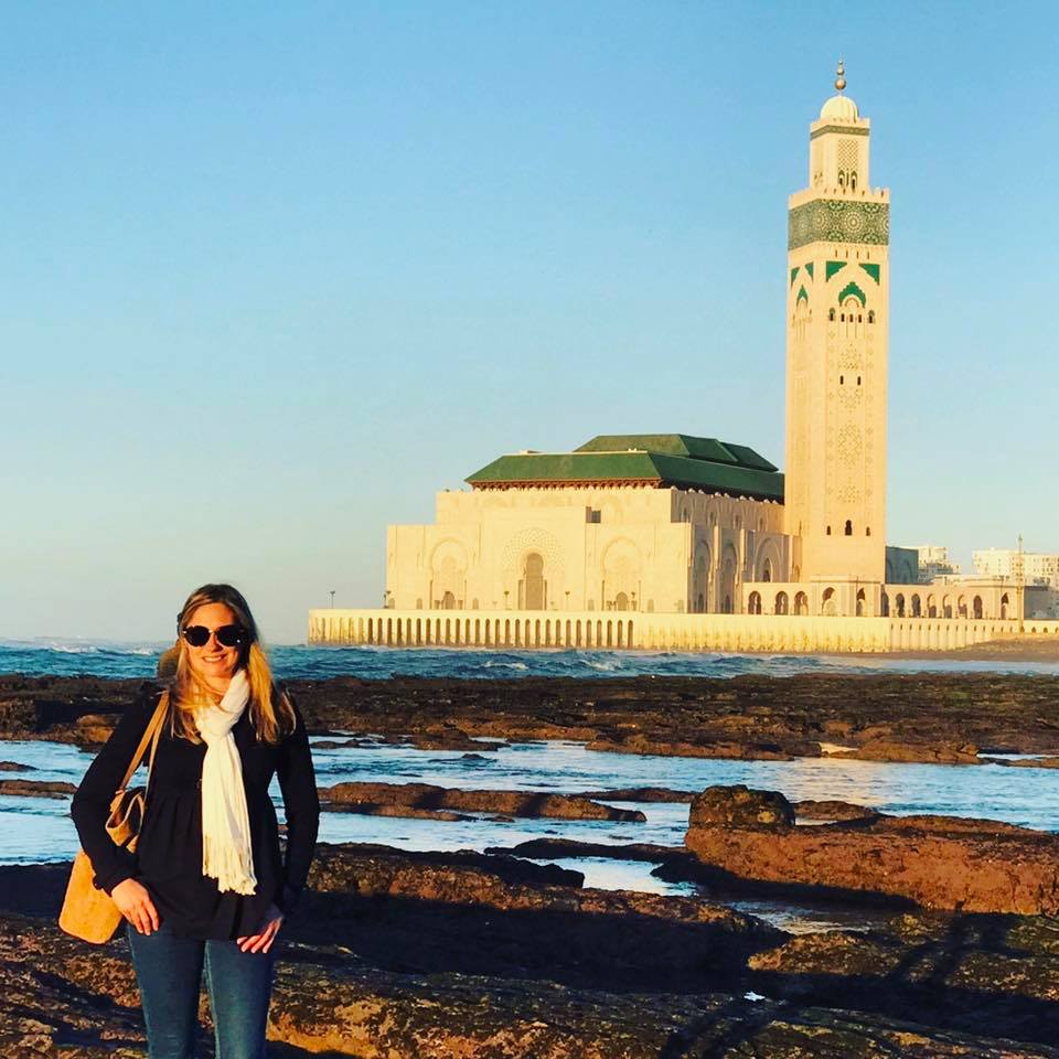 Hassan II Mosque and its towering minaret overlooking the Atlantic Ocean on a clear day in Casablanca